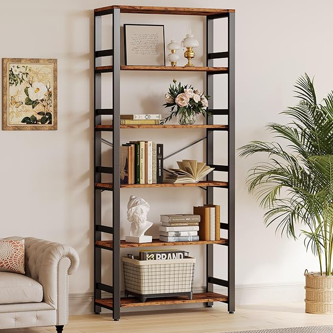 IRONCK Bookshelf, 31.5in Wide Shelf 6 Tier Bookcase, 110lbs/shelf Vintage