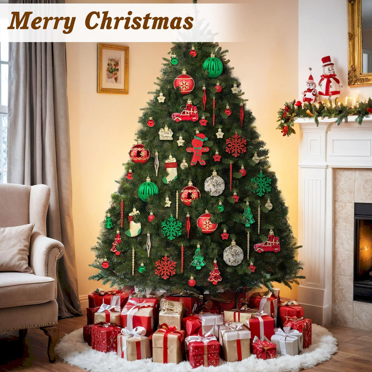 FestiveBliss Christmas Ornaments 71 Count, Christmas Decorations for Tree, 23, Shatterproof Ornaments Red & Green Ornaments