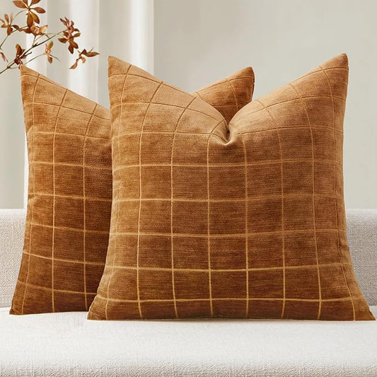 MIULEE Decorative Chenille Check Throw Pillow Covers Vintage Plaid Couch