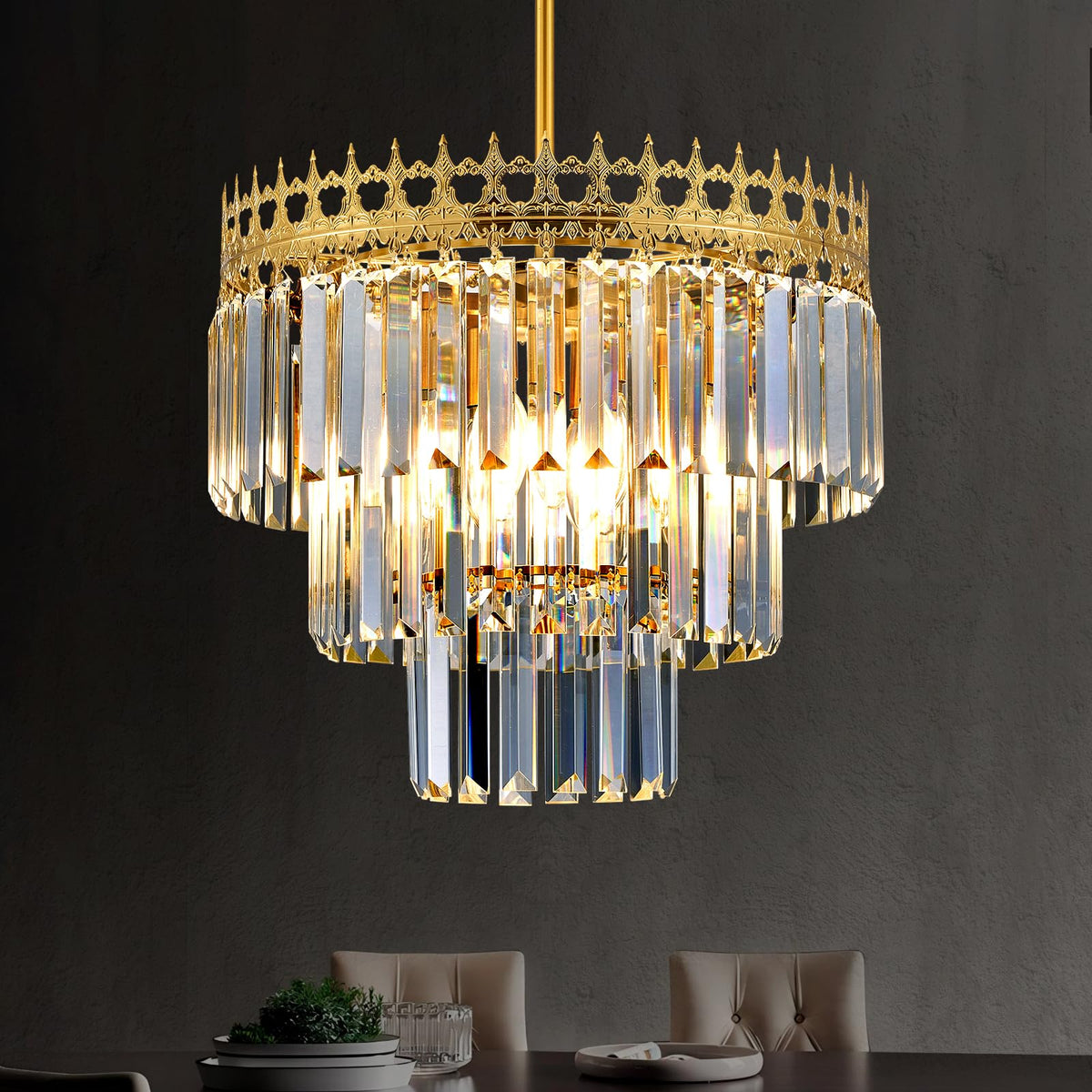 KPIOK 16'' Gold Crystal Chandelier,6-Light Modern Chandeliers for Dining Room,3-Tiers Round Metal Pendant Light Fixture for Kitchen Island Living Room Bedroom Entryway
