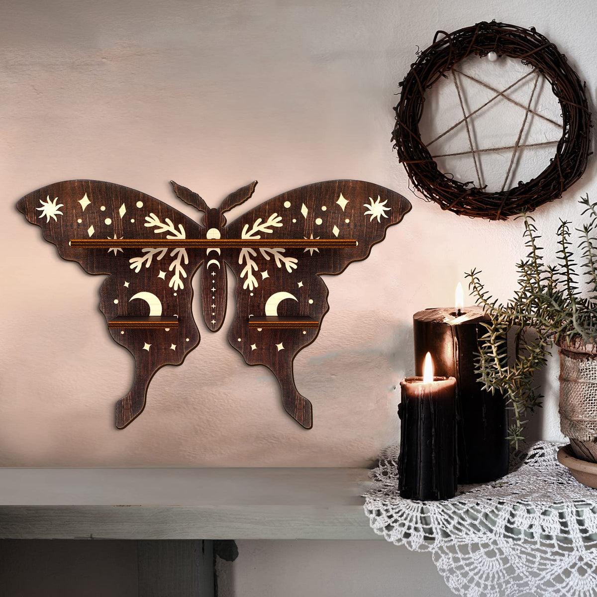 Yulejo Crystal Shelf Display Rustic Wooden Cat Moon Shelves Moth Hamsa Hand Wolf Crystal Holder Shelves Wooden Floating Shelf for Rock Gemstones Meditation Spiritual Gift for Home Bedroom (Moth)