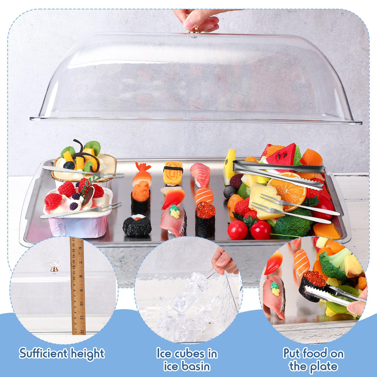 Baderke 1 Set 16" x 9" Chilled Serving Tray for Parties with Compartments and Lid Charcuterie Serving Board Ice Rectangle Chilled Party Platter for Seafood Vegetable Fruit Shrimp Cocktail (Silver)