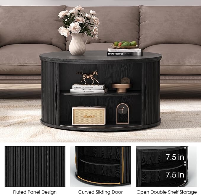 JOINICE 31.5" Black Round Lift Top Coffee Table, Modern Fluted Drum Center Table