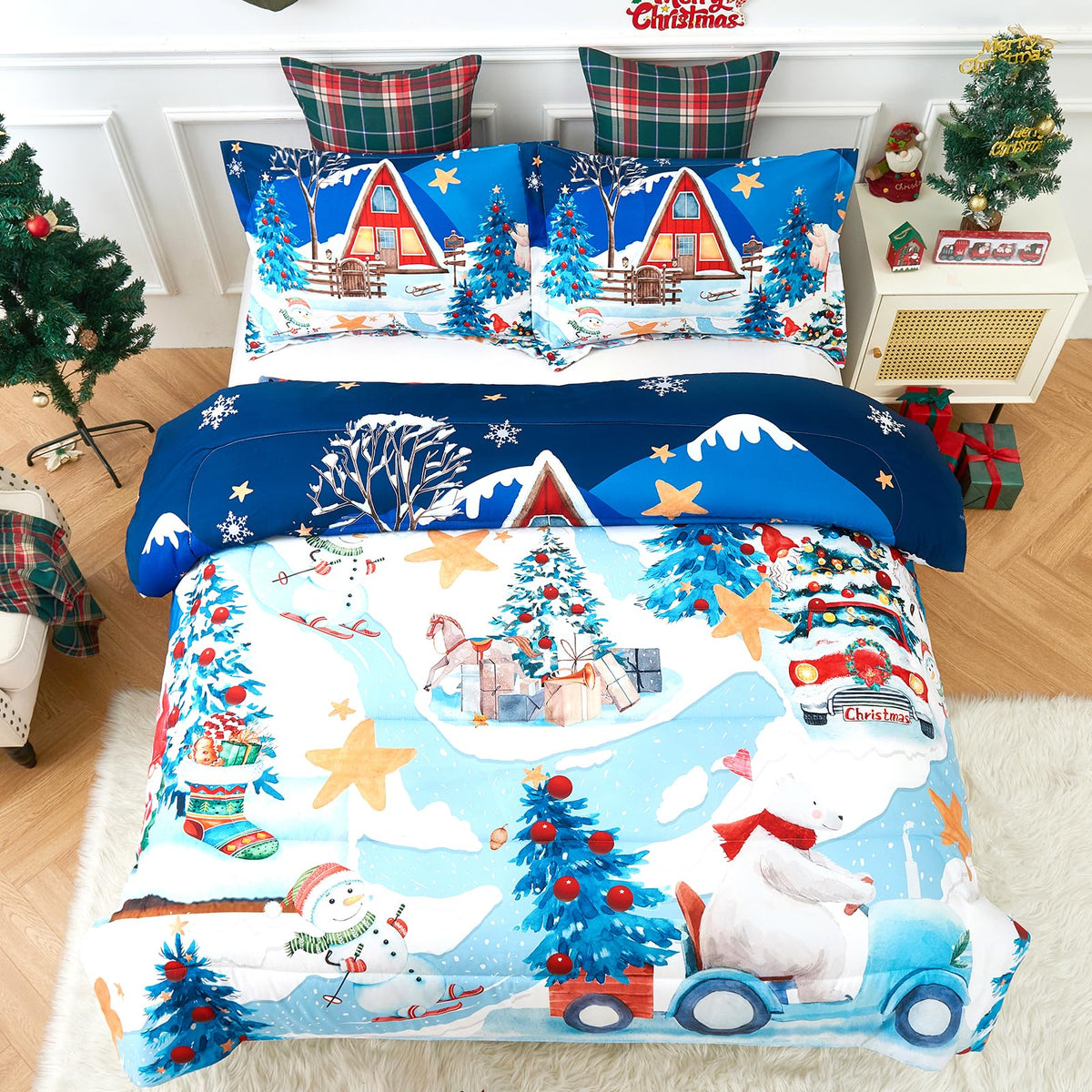 YIYEA Christmas Queen Comforter Set for Girls Boys, Cute Kids Comforter with 2 Pillowcase, Ultra Soft Brushed Microfiber Christmas Bedding Comforter Sets, Suit for All Season, Machine Washable