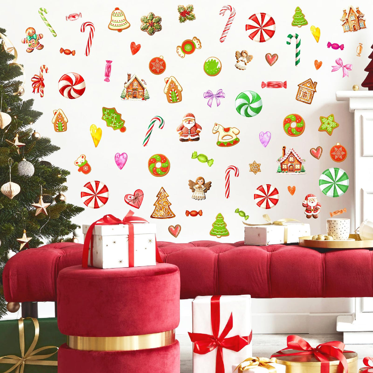 Christmas Ornaments Wall Decals Peel and Stick Christmas Candy Wall Stickers Removable Candy Cane Wall Stickers Peppermint Floor Decals Xmas Candyland Home Decor Holiday Party Decorations
