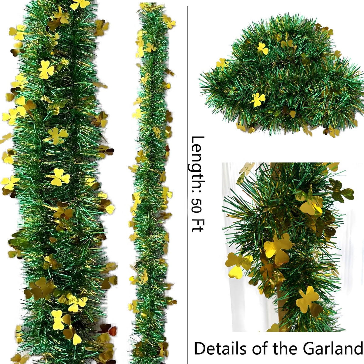 LKBBC St. Patrick Garland, 50 FT Green Gold Fringe Tinsel Garlands with Lucky Shamrock Clover Hanging Glitter Streamers for Irish Ireland Themed Party Home Decoration