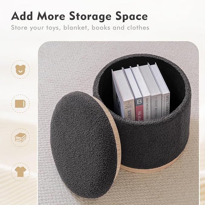 PINPLUS Round Ottoman with Storage Set of 2, Storage Ottoman with Tray