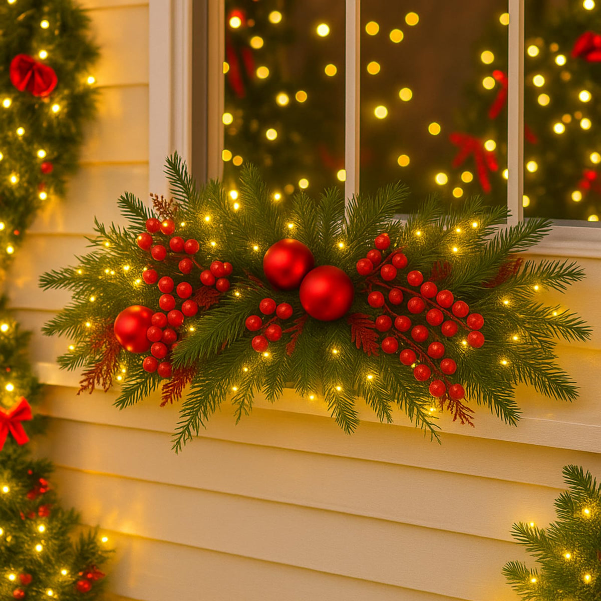 Yalikop 24.5 inch Christmas Swags with Light Artificial Pine Needles Swag Decoration Greenery Christmas Swag for Front Door Window Stair Fireplace Mantle Holiday Xmas Decor(Ball and Berry)