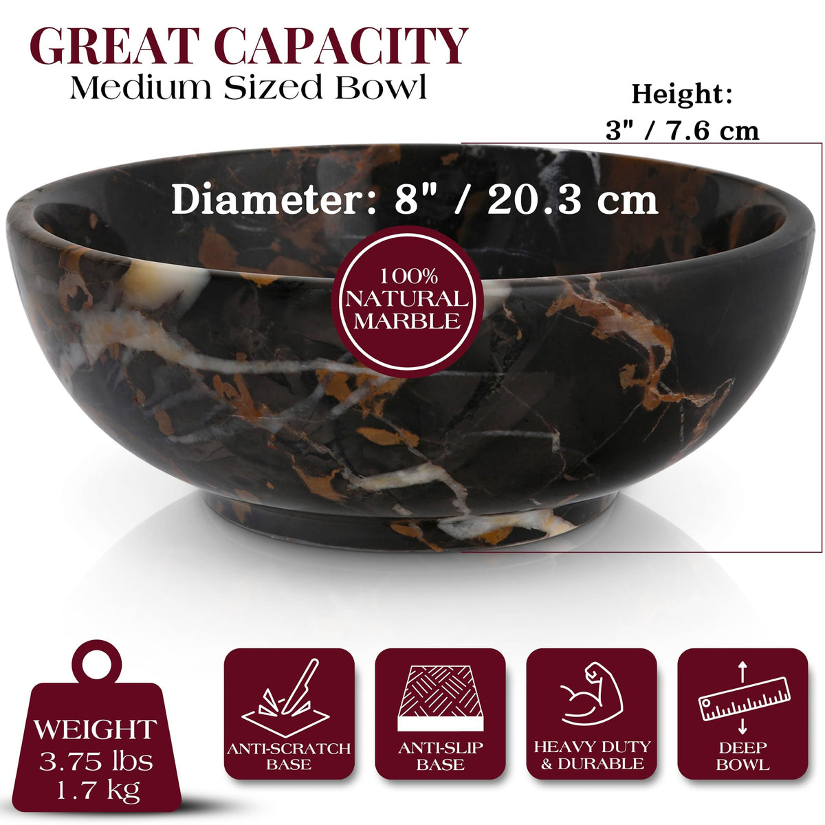 Gusto Nostro 8" Luxury Black Marble Decorative Bowl for Coffee Table - Elegant Decorative Fruit Bowl for Kitchen Counter - Heavy Stone Entryway Catch All for Keys, Potpourri Holder Centerpiece, Medium