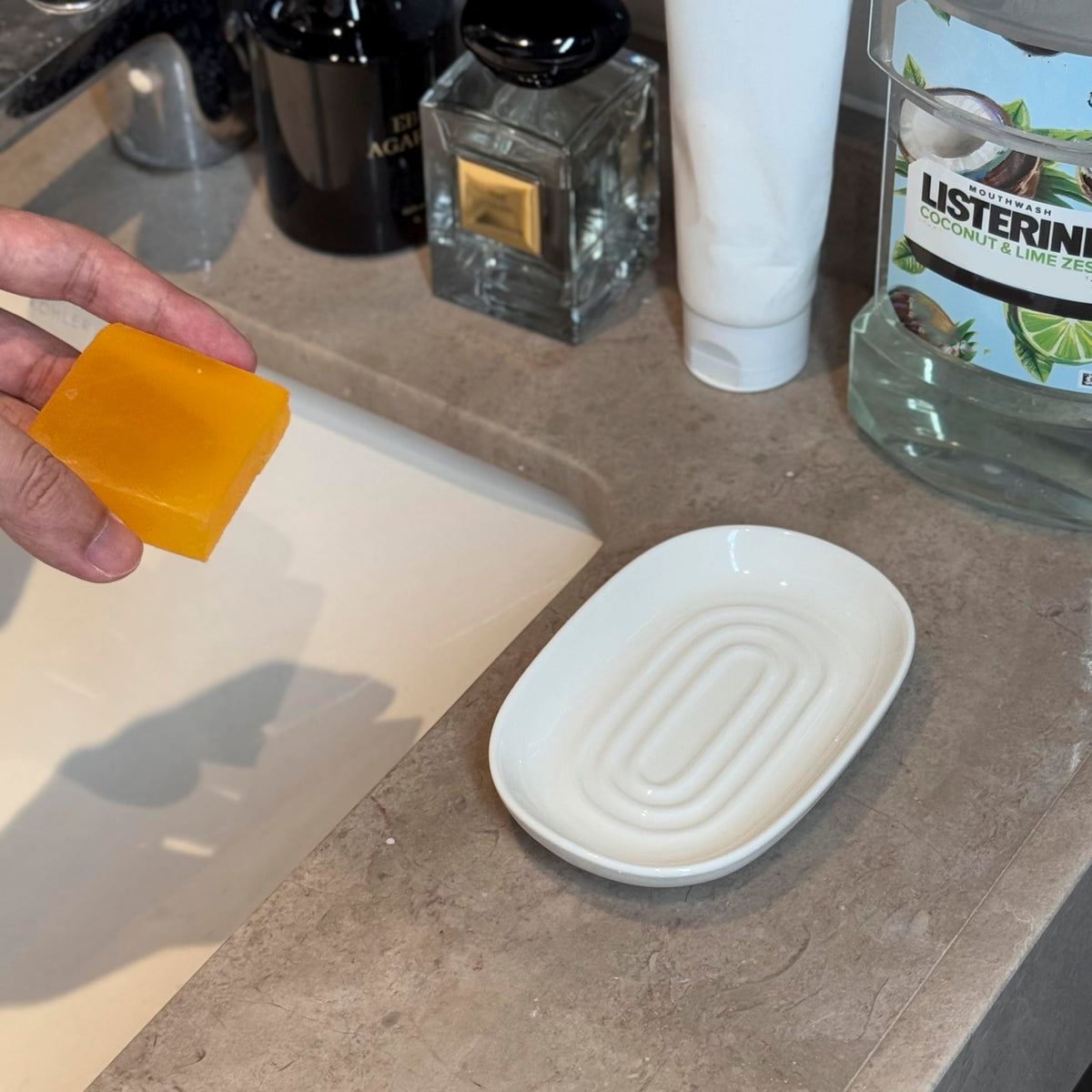 Ceramic Marble Pattern Soap Dish, Textured Raised Soap Saver Tray for Shower Bathroom Kitchen Sink Vanity, Easy to Clean Multi-Use Holder for Bar Soap Jewelry Rings Keys, White (2 Pack)