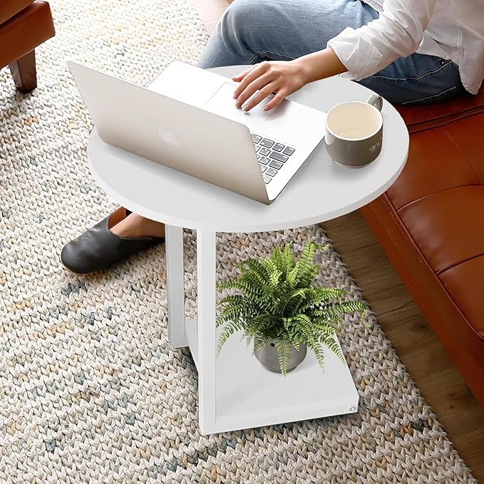 Hosfais Small Side Table End Table, C Shaped Oval Coffee Table, Wooden TV Tray