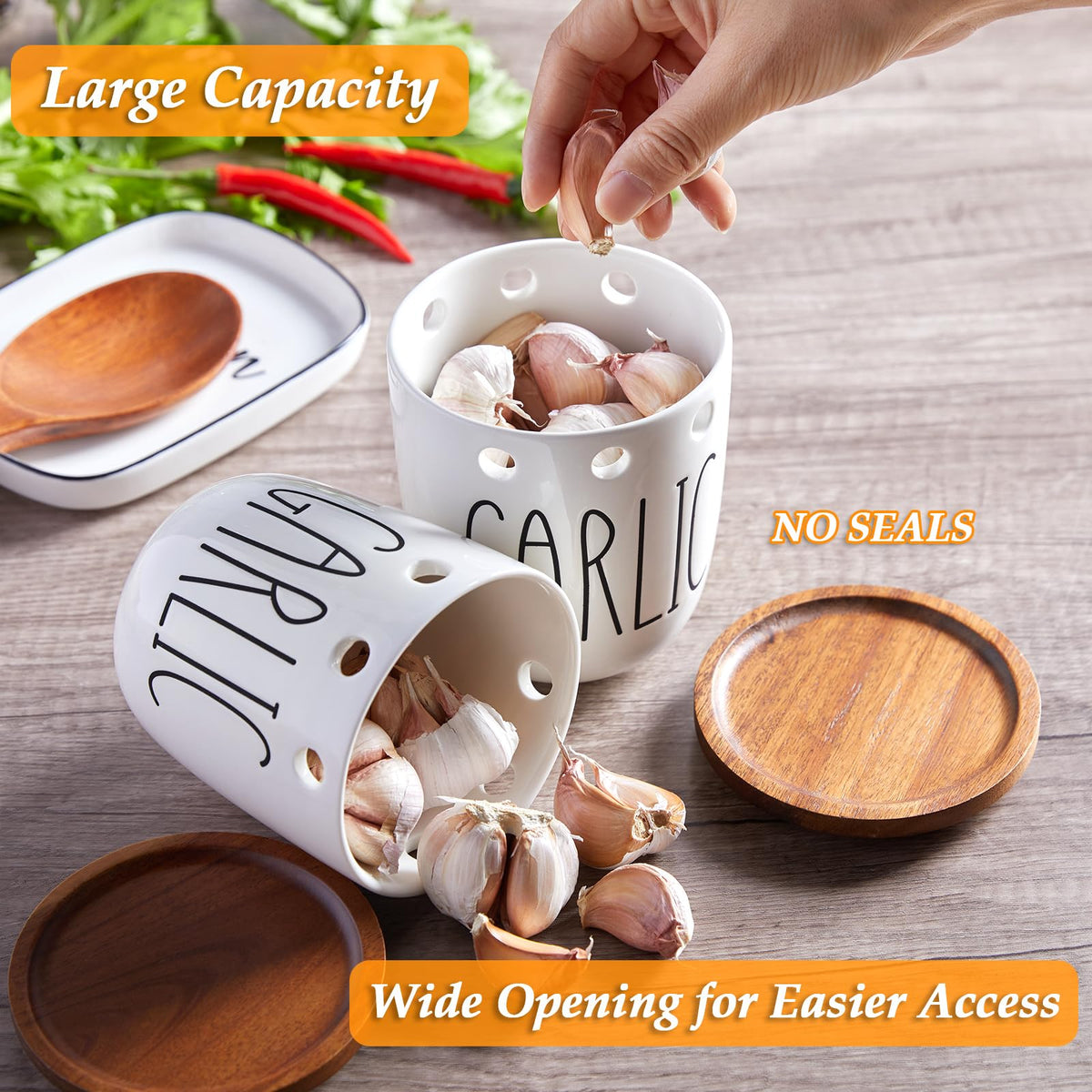 DAYYET Garlic Keeper for Counter, Ceramic Garlic Keeper with Non-Sealed Acacia Wood Lid, Garlic Holder Storage Container to Keep Your Garlic Cloves Fresh Longer, Garlic Saver for Kitchen, White