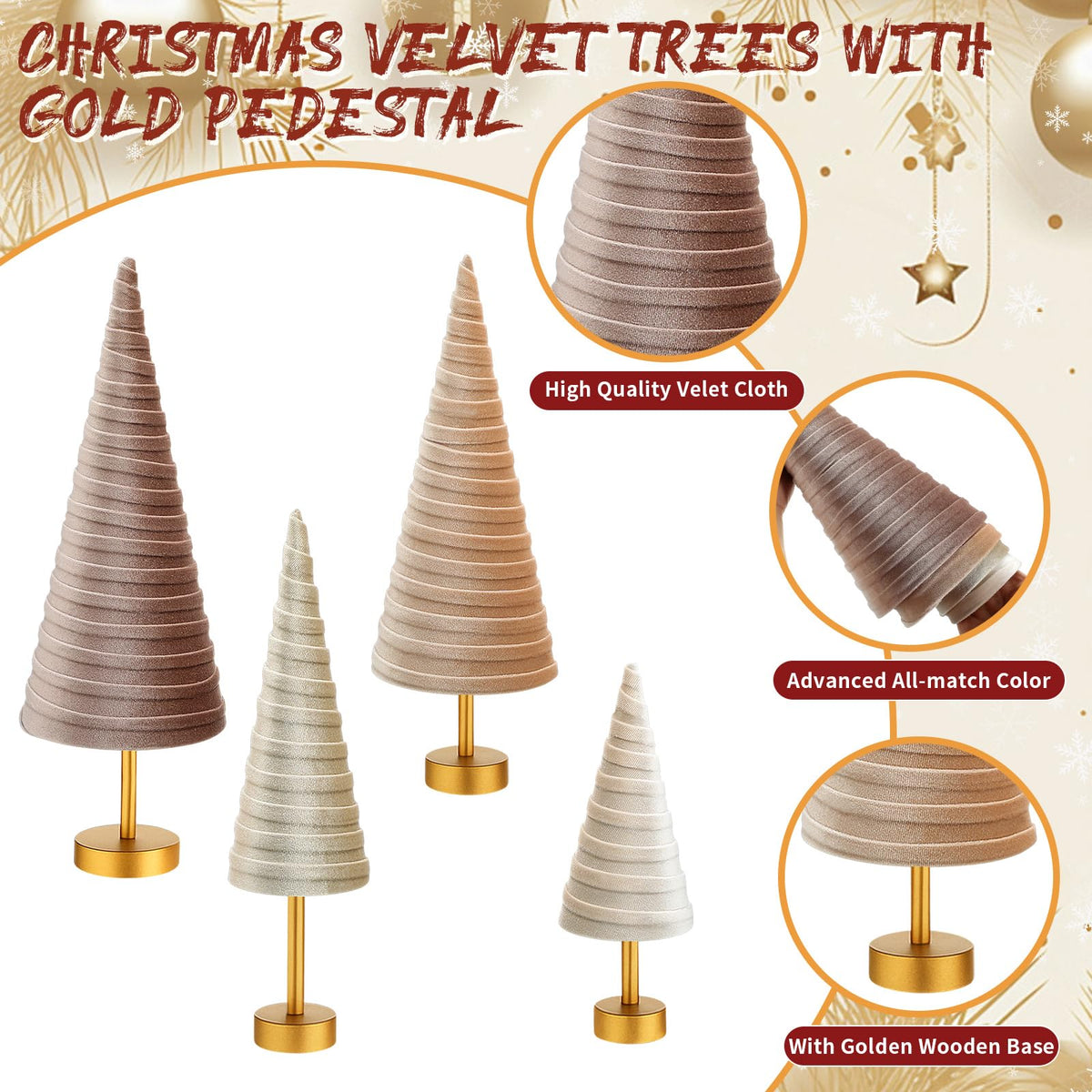 Hoolerry 4 Pcs Christmas Velvet Trees with Gold Pedestal Modern Rustic Christmas Velvet Cone Trees Minimalist for Mantel Table Centerpiece Entryway Home Winter Holiday Wedding Decor(Nude Tone)