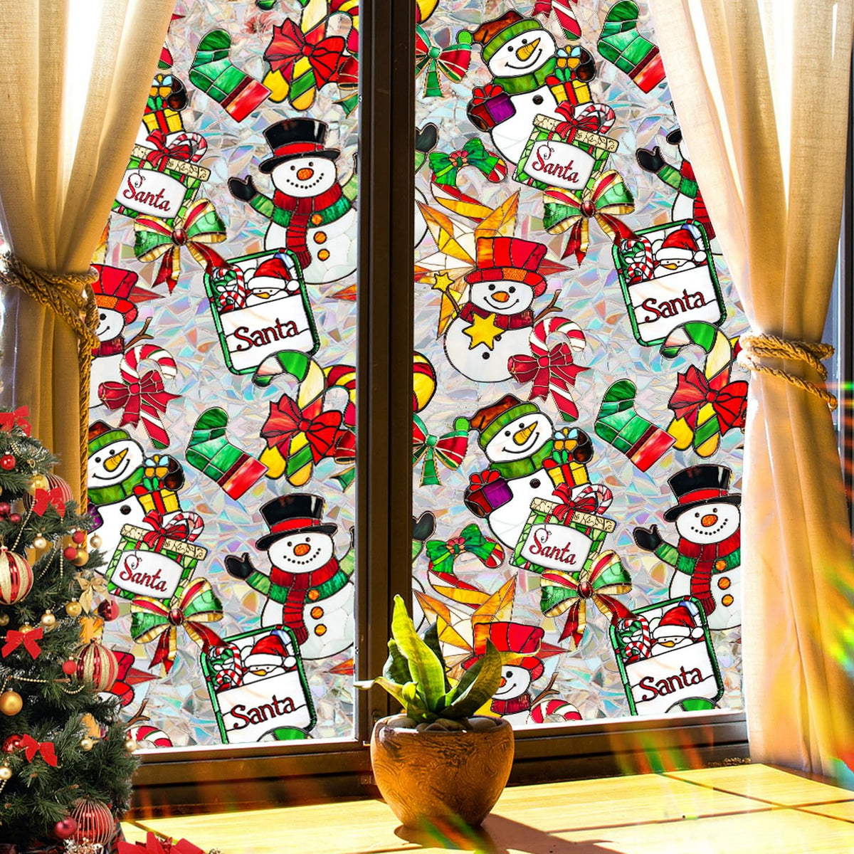 Christmas Stained Glass Window Cling Rainbow Tinted Window Film Privacy Stained Glass Window Decal Snowman Bow Candy Cane Windows Decals for Home School Xmas Party Decoration 17x 39.3 Inch