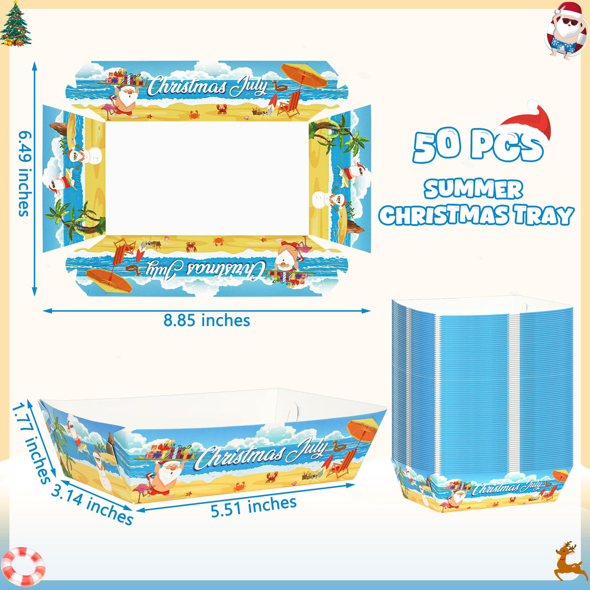 50Pcs Summer Christmas Paper Food Trays, Heavy Duty Disposable July Christmas Decorations Santa Food Boats, Serving Tray for Snack Sandwich Dessert Popcorn, Hawaii Theme Beach Pool Party Supplies