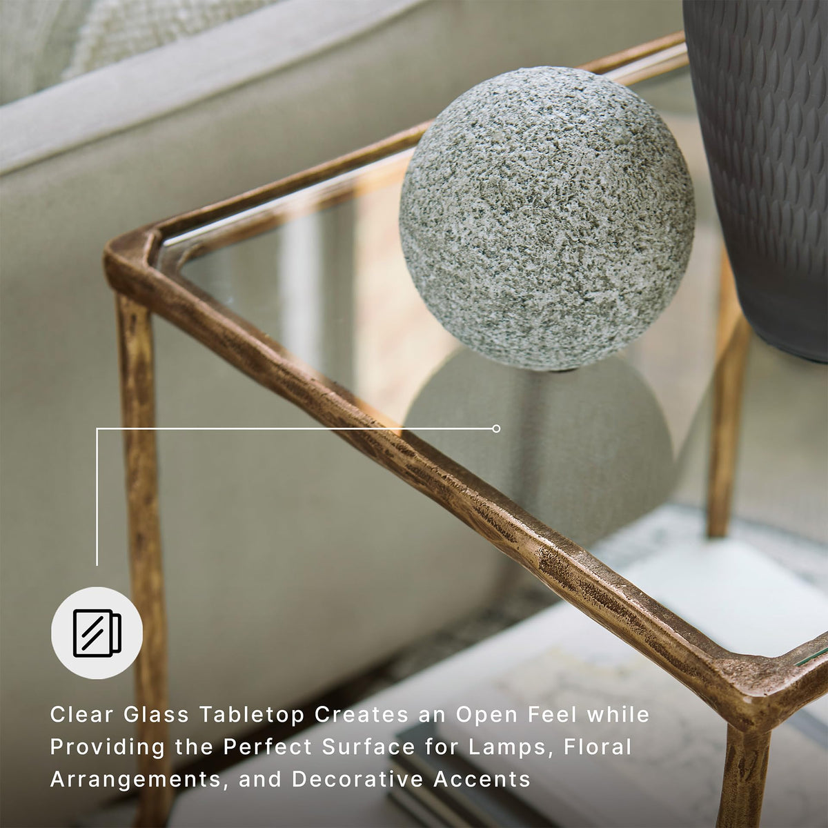 Signature Design by Ashley Ryandale Square Accent Table for Living Room, Sand‑Casted Aluminum Frame With Brass Finish, Glass Top and White Marble Shelf, 21" Size