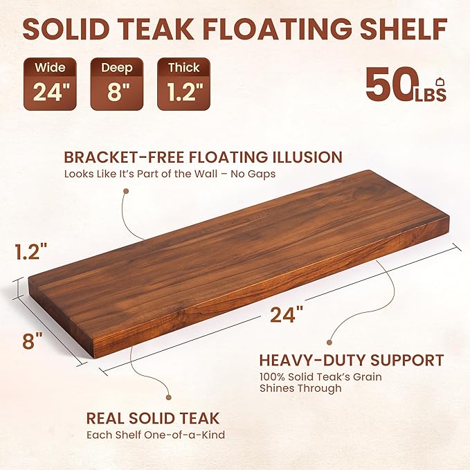 24 Inch Teak Floating Shelves Set of 2