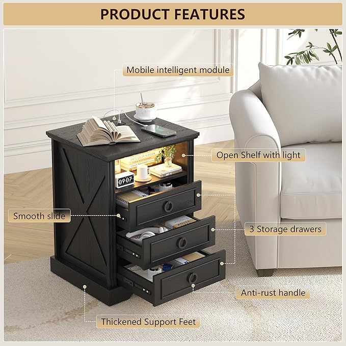 Nightstand Set 2 with Charging Station, Farmhouse End Side Table with 3 Drawers