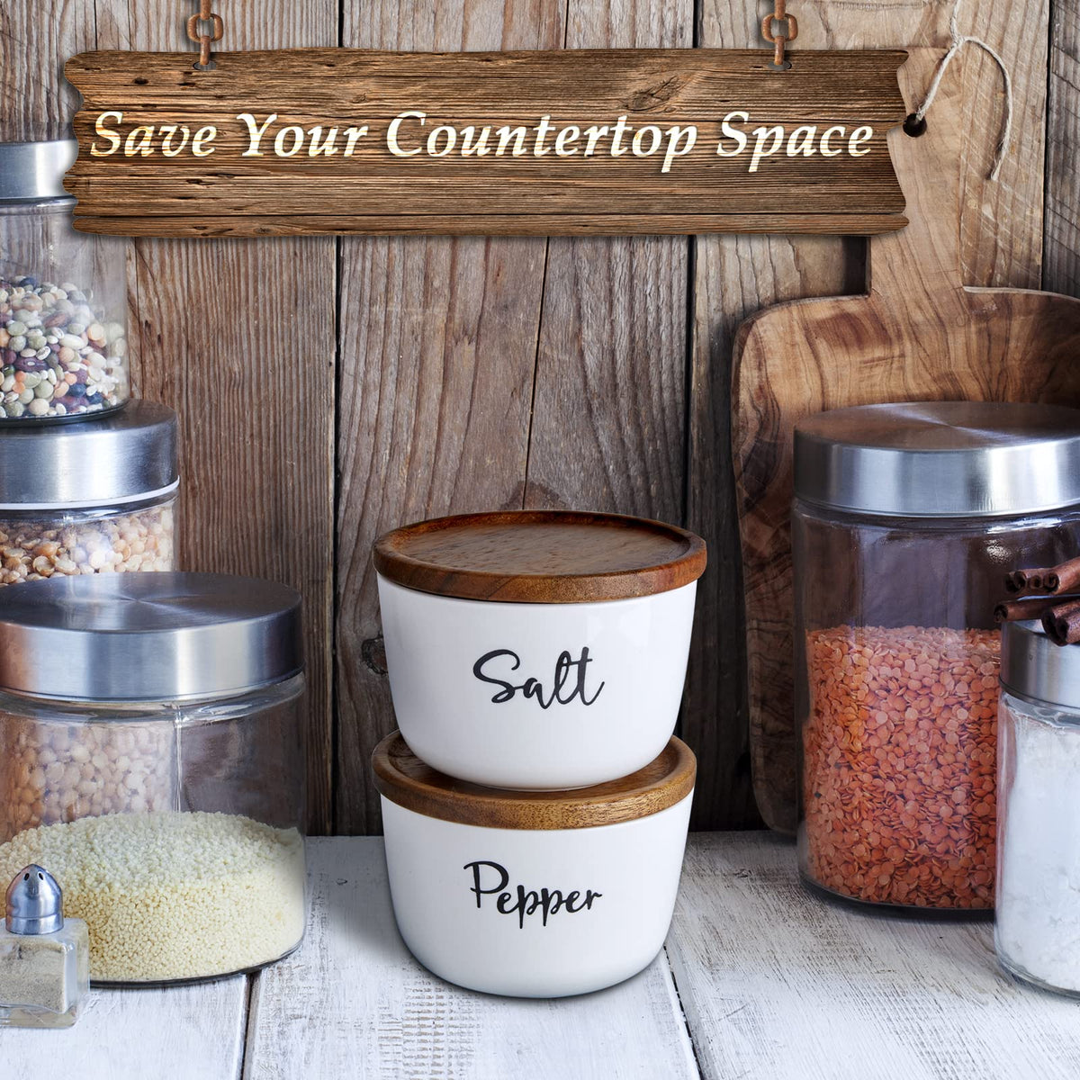 DAYYET Salt and Pepper Bowls, 10 oz Salt Cellar with Lid, Stacked Ceramic Salt Pepper Container with Acacia Wood Lid, Salt Box for Countertop, Modern Kitchen Decor, Set of 2, White