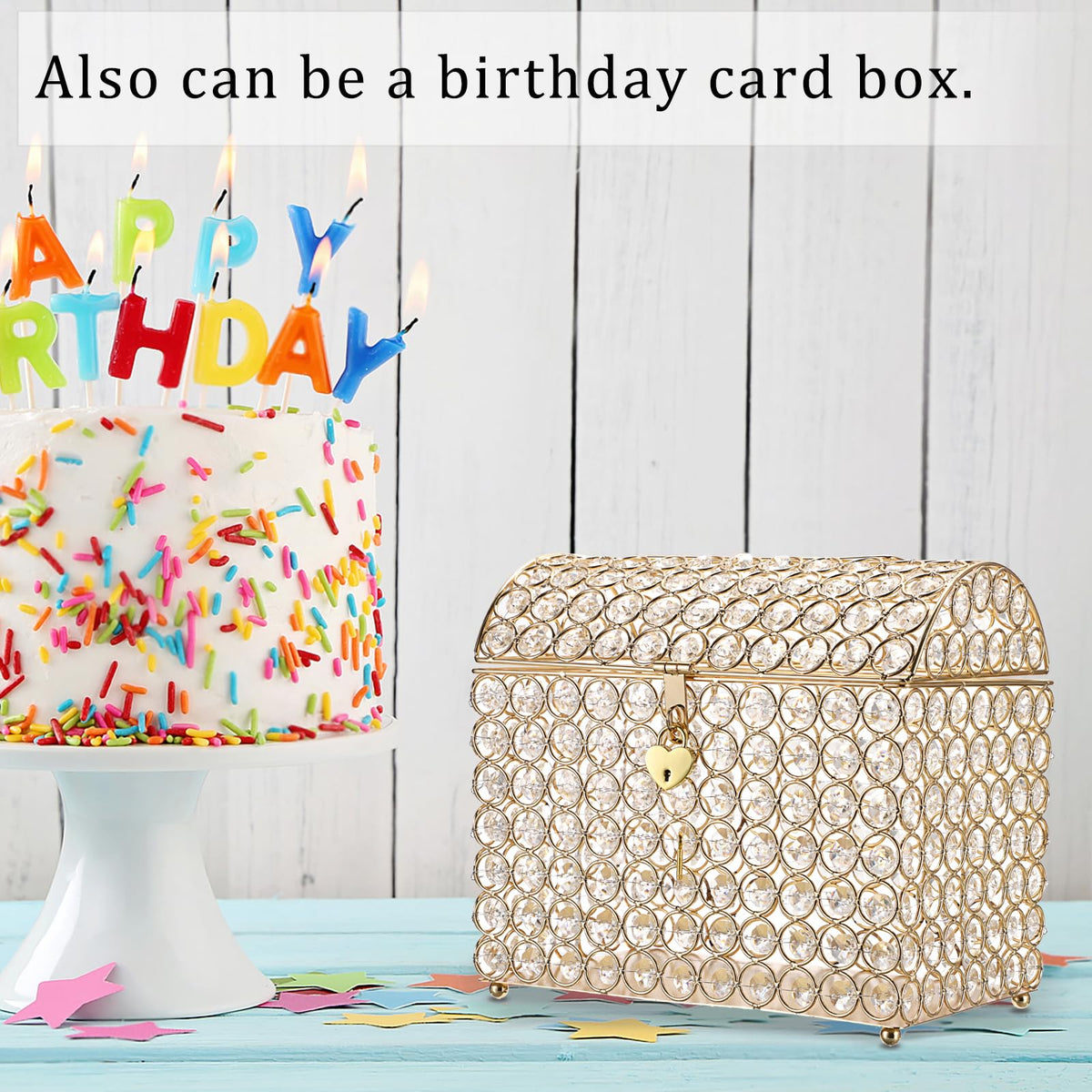 ELLDOO Crystal Wedding Card Box with Heart Lock, Money Card Box Treasure Chest Style Gold Gift for Wedding Receptions Centerpiece Decor Anniversary Keepsake Gift Display Csae, Medium