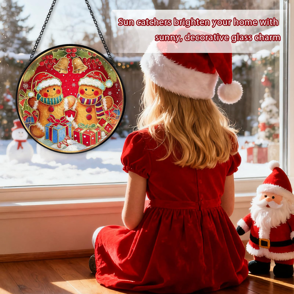 Christmas Decorations Stained Glass Window Hanging, Gingerbread Candy Cane Christmas Suncatcher for Window Hanging, Suncatchers Indoor Windows Wall Art for Mom Grandma, for Home Office 7.87 inches