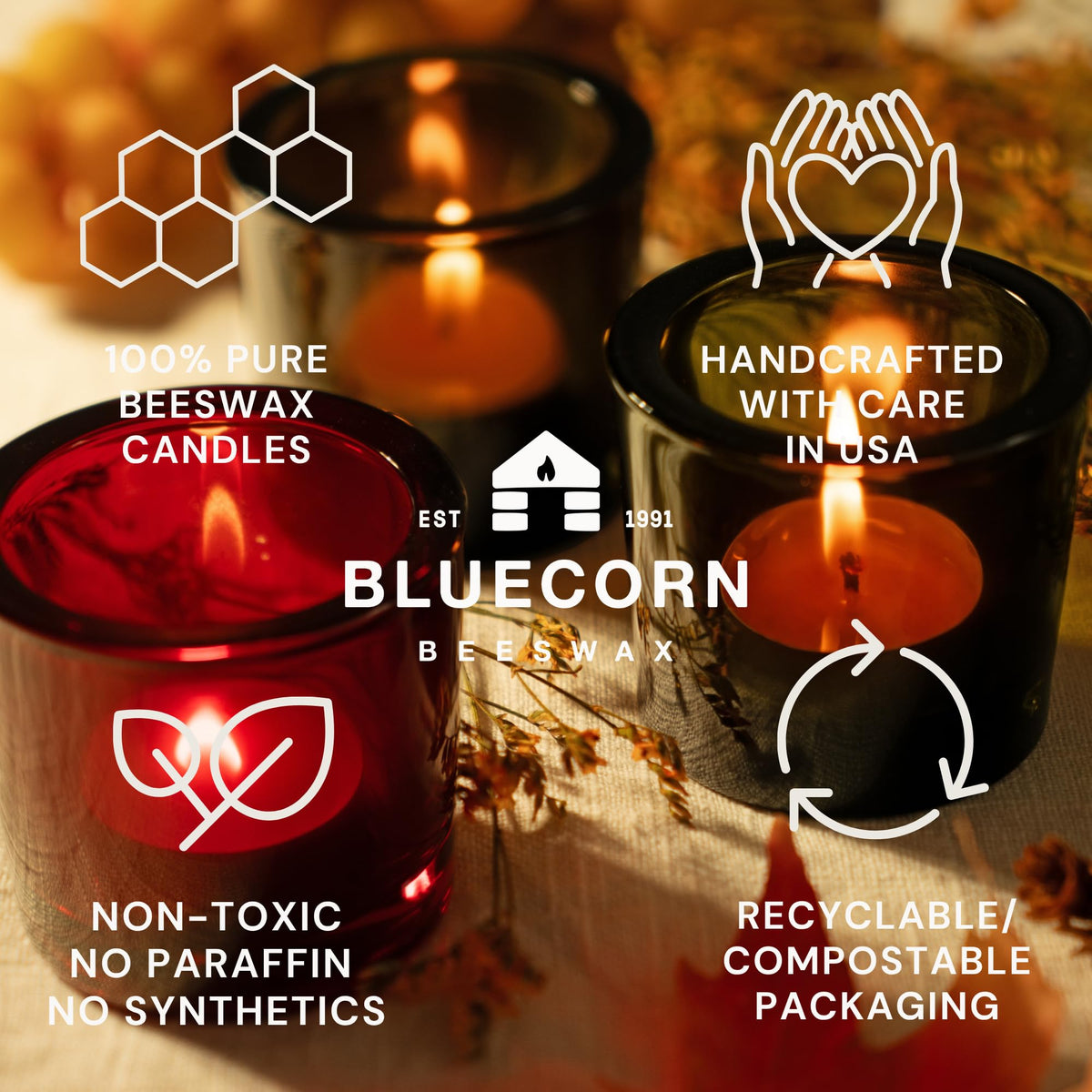 Bluecorn Beeswax Tea Light Candles, 100% Pure Natural Bees Wax, Yellow Tea Lights in Metal Cups, Fragrance Free, Paraffin & Soy Free Candle Wax, Clean Burning, Long Lasting, American Made, 48 Pack