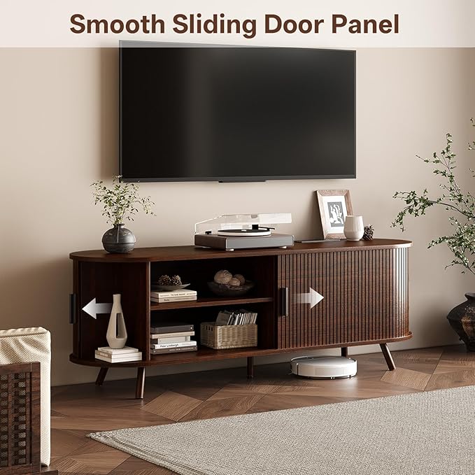 55 inch TV Stand with Power Outlet, Fluted Entertainment Center