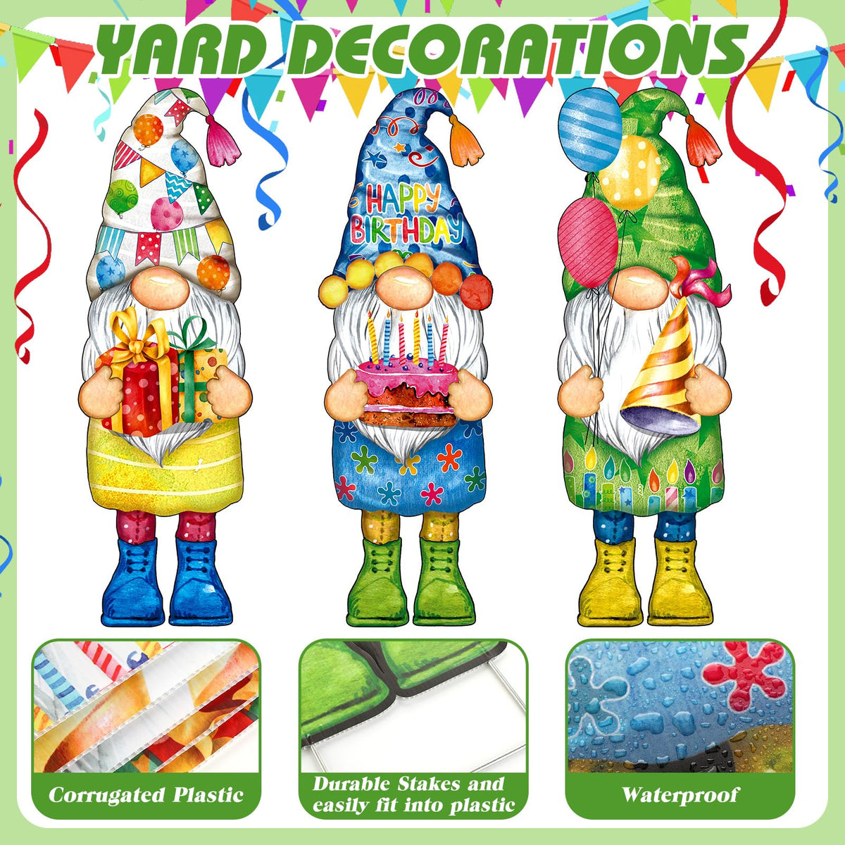 Umigy 3 Pcs 32 x 10 Inch Happy Birthday Yard Decor Outdoor Gnome Sign with Stakes Gift Boxes Cake Balloon Gnome Garden Sign Outdoor Yard Decor for Birthday Party Lawn Decorations