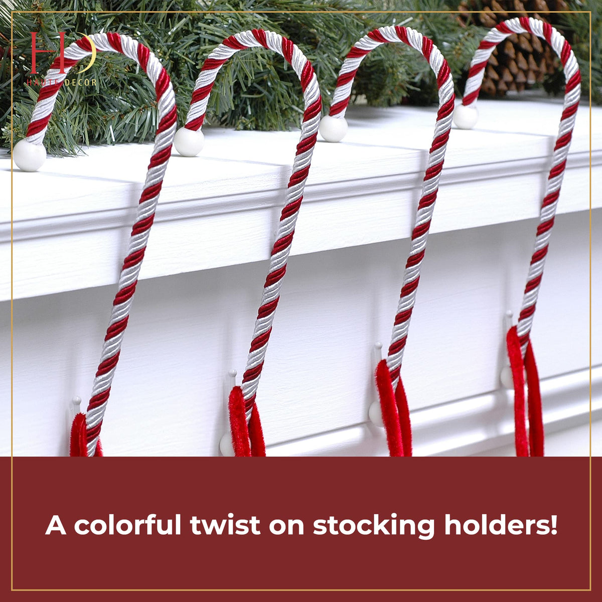 Haute Decor Candy Cane Stocking Holder (Classic Red and White) - Hang Your Christmas Stockings in Style - Lightweight Yet Holds Up to 10 lb.