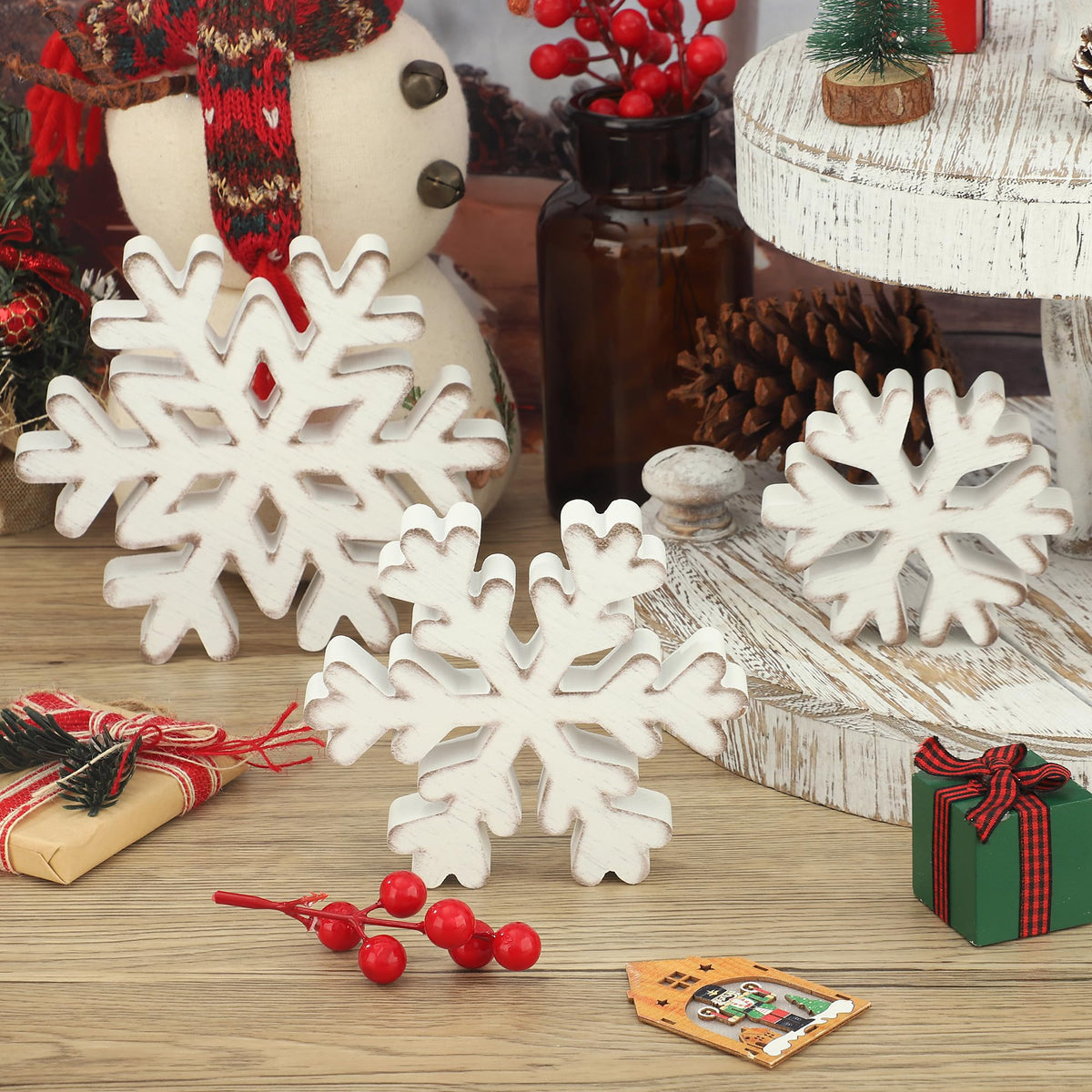 3 Pcs Winter Snowflake Wooden Table Sign Christmas Snowflake Wood Blocks Centerpiece Rustic Farmhouse White Snowflakes Tabletop Decorations for Winter Xmas Wonderland Tiered Tray Home Shelf Decor