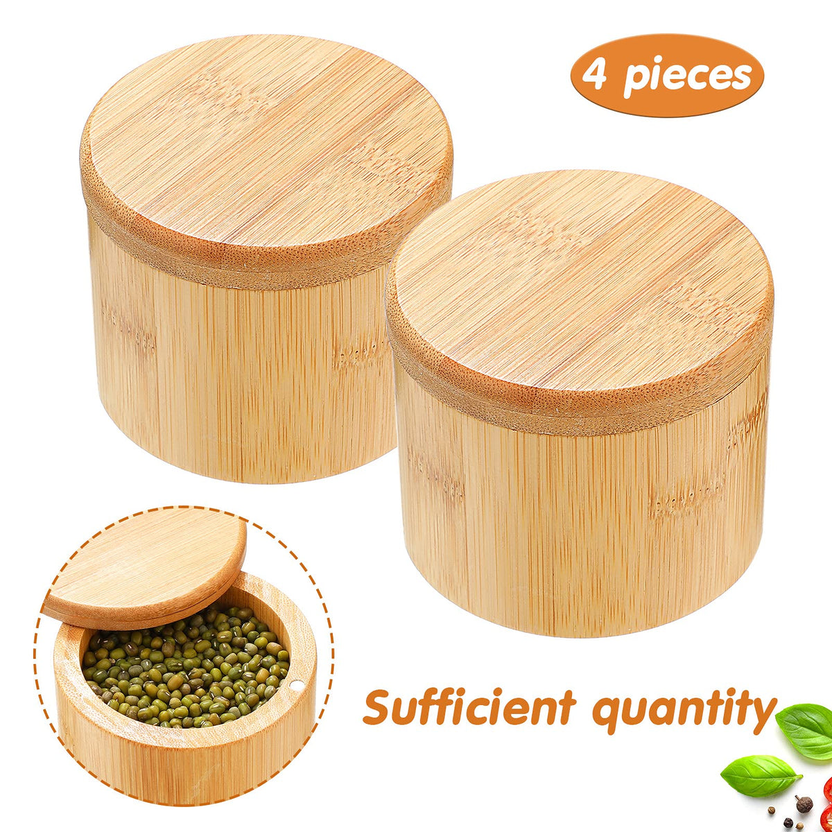Patelai 4 Pieces Bamboo Salt Storage with Magnetic Swivel Lid Salt and Spice Storage Compartment Bamboo Pepper Box for Kitchen