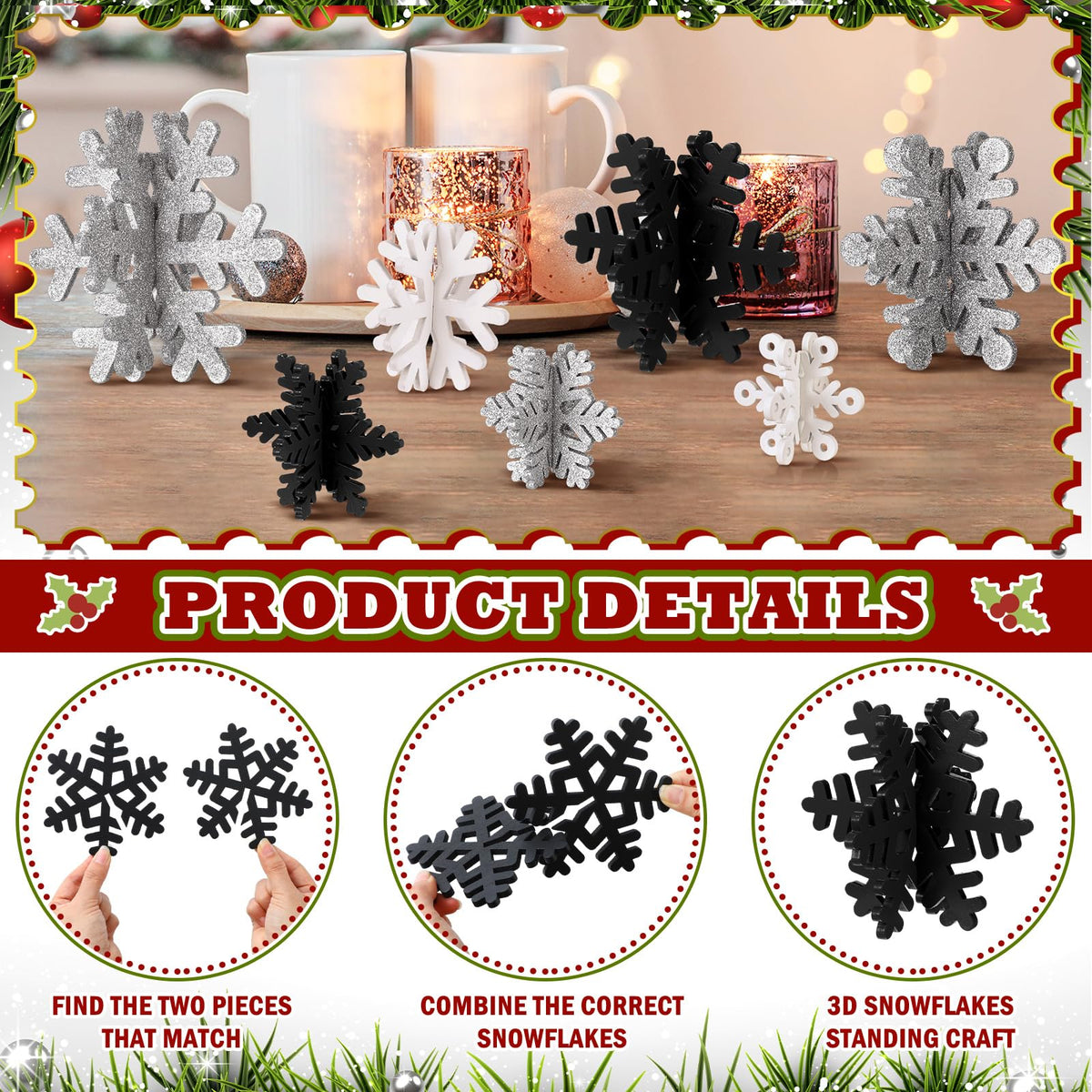Wenqik 16 Pcs Winter Wooden Snowflake Decor Christmas Winter Snowflake Tabletop Decorations 3D Snow Table Signs Standing Centerpiece Xmas Tiered Tray Decorations for Party(White, Black, Silver)