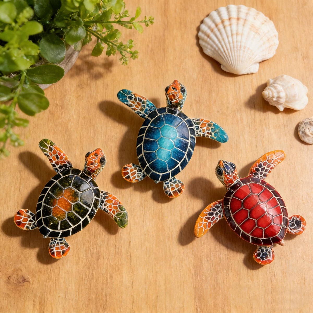 Brizoria Sea Turtle Decor Mini Turtles Vibrant Mosaic Shell Resin Figurines for Ocean Decor Coastal Tabletop Shelf Beach Themed Room Decor and Sea Turtle Gifts, Red