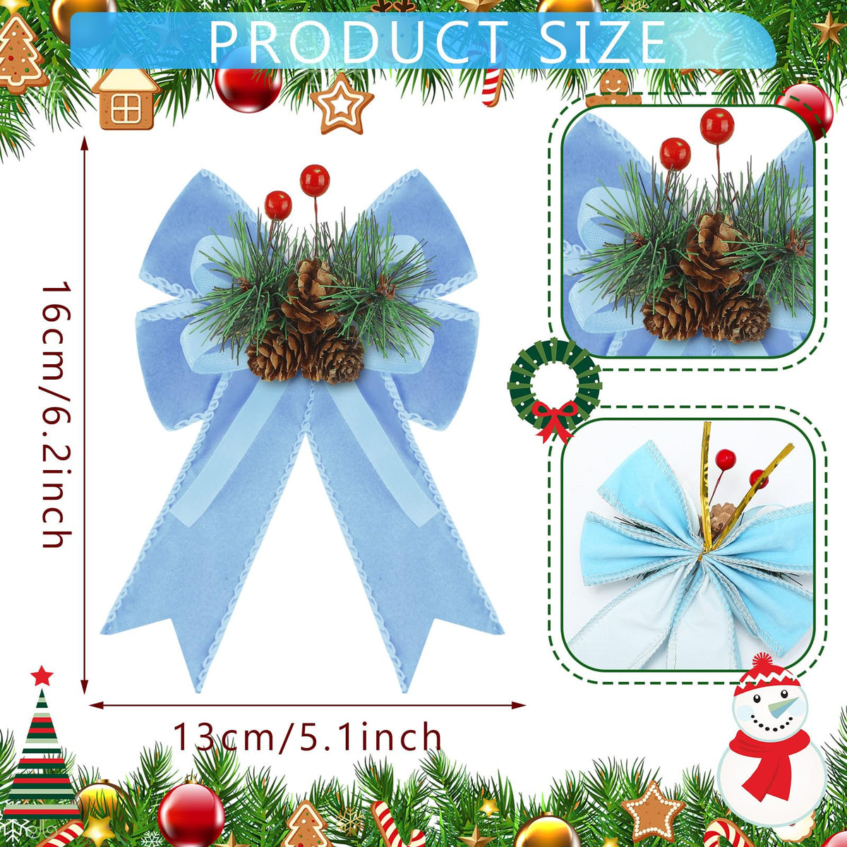 Syhood 6 Pcs Christmas Velvet Bow with Pine Cones Pine Needles Berries Xmas Bright Blue Ribbon Bow Ornaments 6.3 x 5.1 Inch for Christmas Tree Wreath Garden Fireplace Crafts DIY Decor
