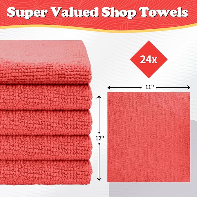 FIXSMITH Microfiber Cleaning Cloth, Shop Towels Bulk, 24 Pack Red Microfiber