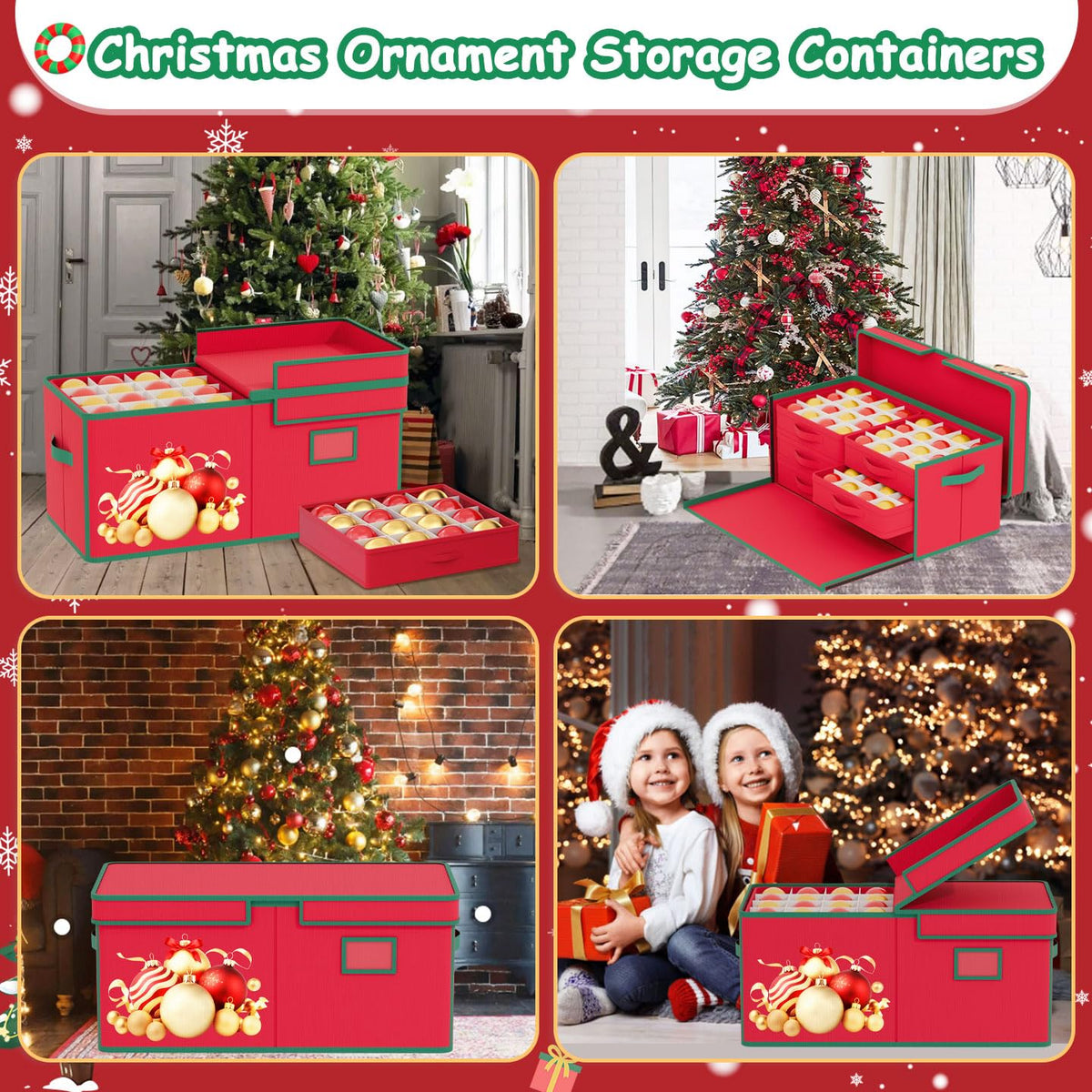 FUHSY Christmas Ornament Storage Box 96-3" Slots Adjustable Dividers Ornament Storage Container Ornament Organizer with Trays Stackable Christmas Storage Bins with Lids Holiday Ornament Boxes