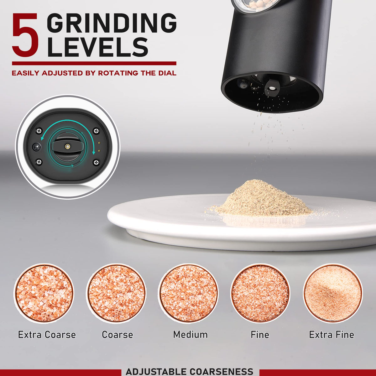 Electric Salt and Pepper Grinder Set of 2, Automatic Pepper Mill,USB Rechargeable, Adjustable Coarseness, One-handed Operation, Ceramic Burr,Refillable, Auto Grinders with Charging Base LED Light