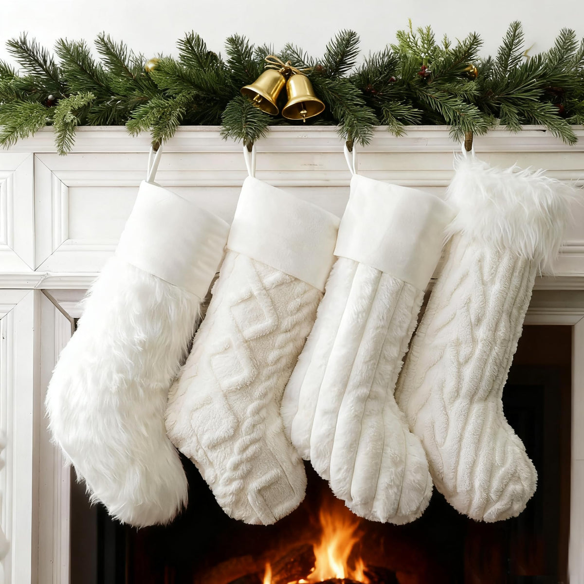 Teeanzo 4 Pcs Christmas Plush Stockings 18 Inch Large Snow White Faux Fur Xmas Stocking with 4 Styles Textured Patterns Holiday Classic Hanging Ornaments Socks for Xmas Home Party Fireplace Decor