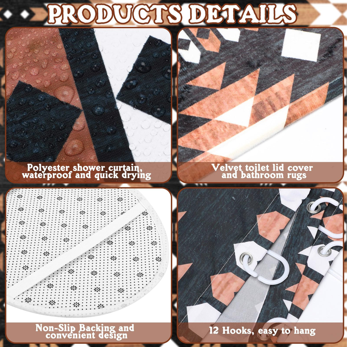 FuWeave 8 Pcs Western Aztec Shower Curtain Set, Southwestern Boho Geometric Bathroom Decor with Waterproof Curtain, Non Slip Rugs, Toilet Lid Cover, Bath Mat & 12 Hooks, Abstract Pattern for Bathroom