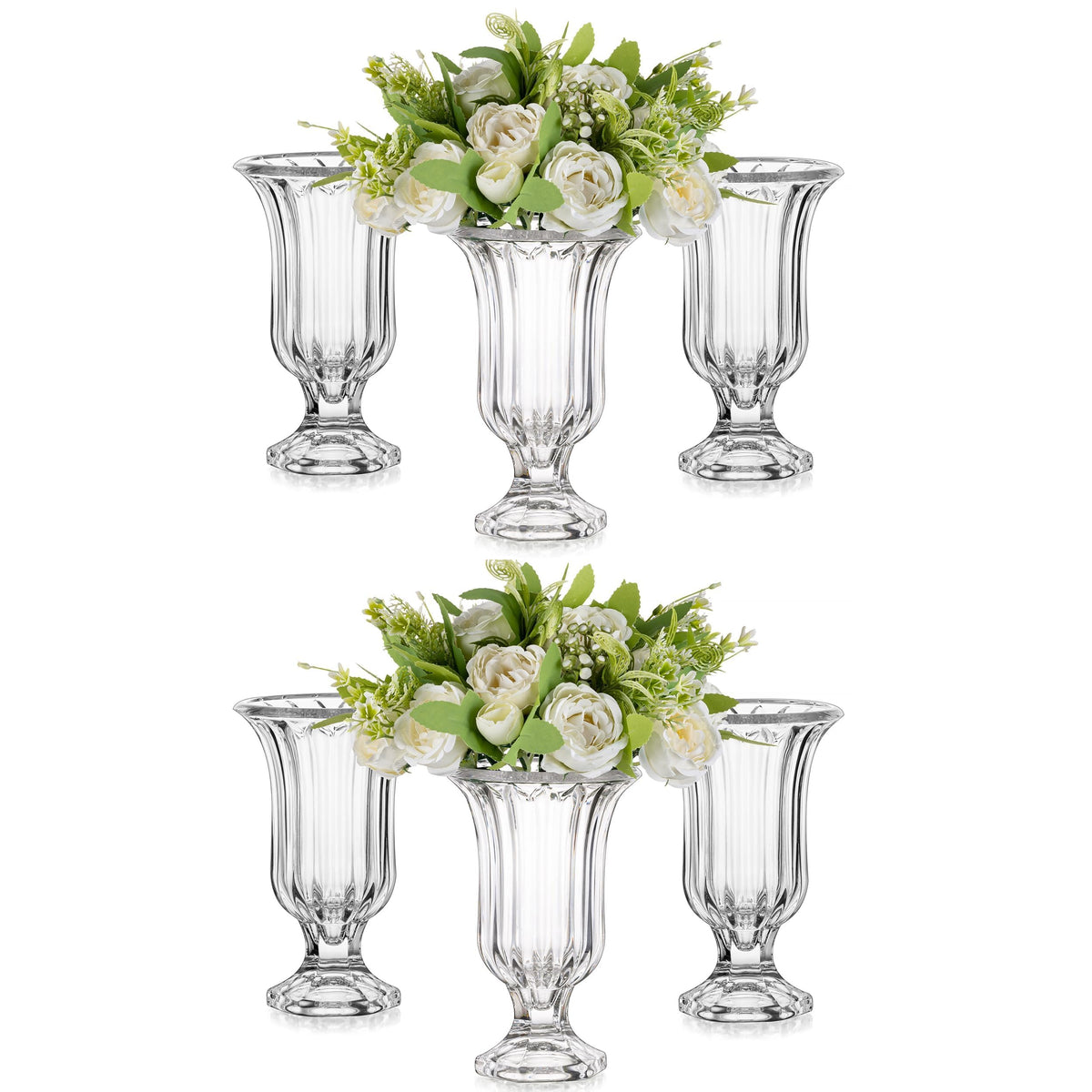 Glasseam Crystal Vases for Flowers, 7.5in Tall Vase Set of 6, Clear Glass Compote Vases and Ribbed Pedestal Bowls for Living Room Decorations Dining Table Home Decor