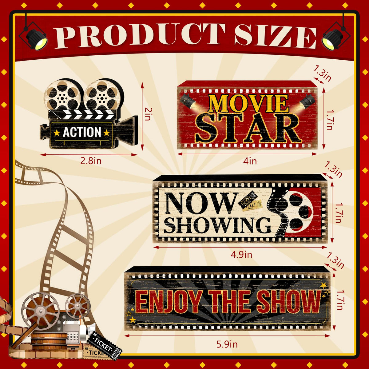 Britimes 4 Pcs Movie Night Table Decor Christmas Tiered Tray Decorations Set Movie Star Stack Block Signs Gift Rustic Farmhouse Tabletop Decor for Table & Home Office