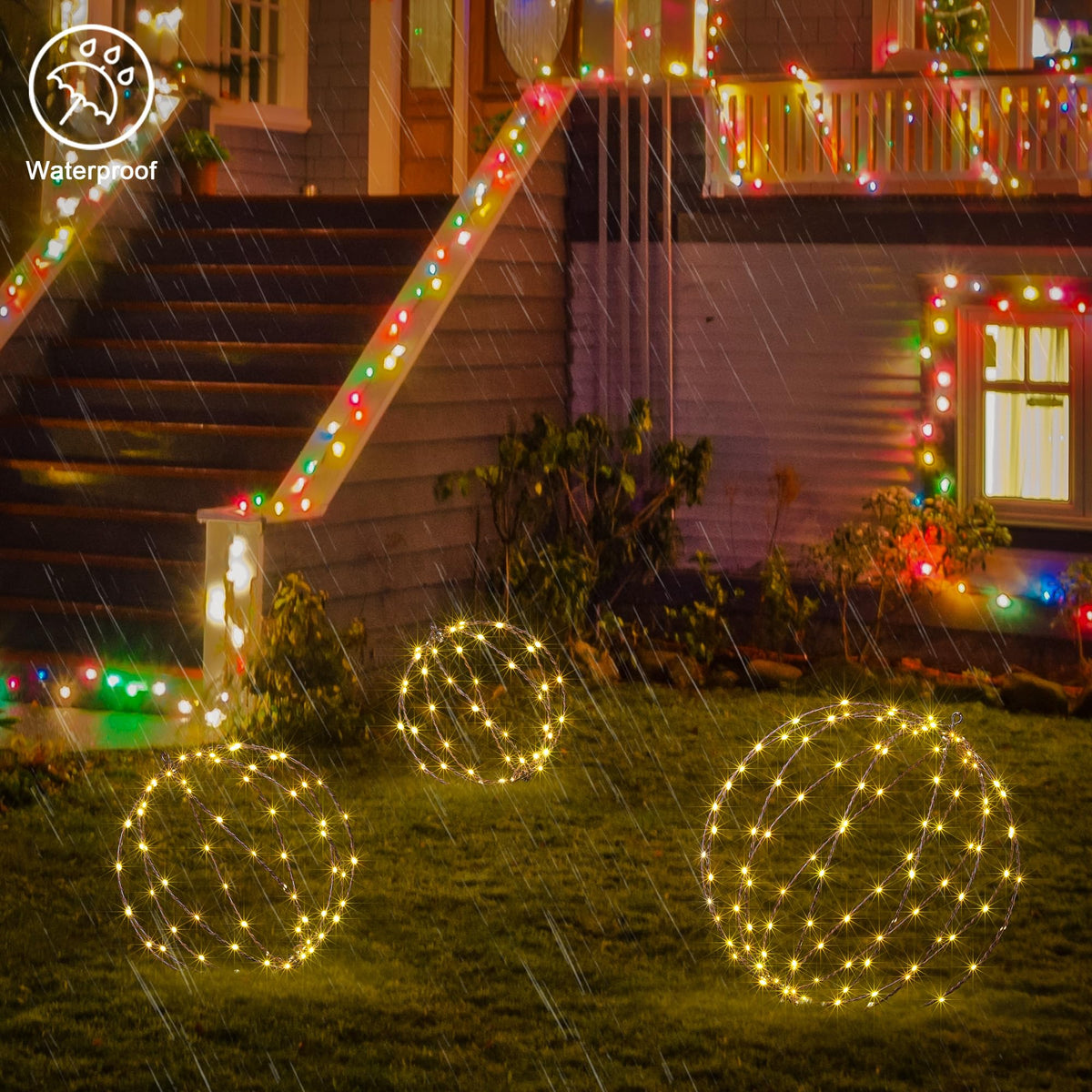 LIGHTSHARE 248LED 12IN+16IN+20IN Light Ball Yard Decoration Pathway Lights Brown Sphere Light Fold Flat Metal Frame Indoor Outdoor Waterproof Garden Lights, Plug in(Set of 3)