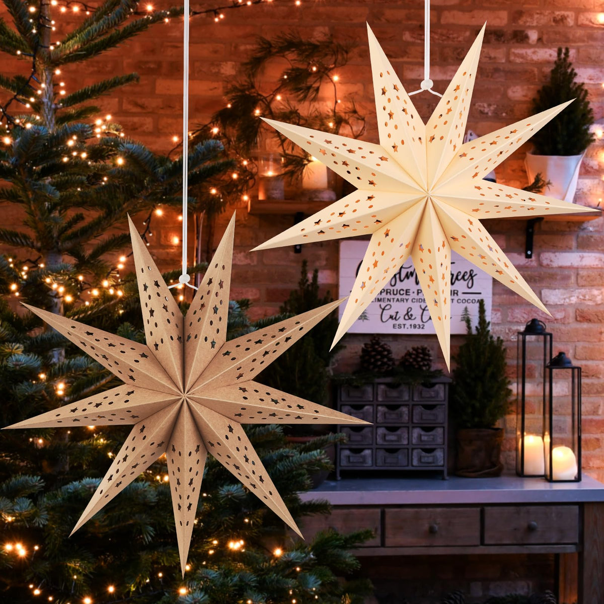 SUNBEAUTY 9-Pointed 12 Inch Hollow Out Paper Star Lanterns Brown White Gray Christmas Lanterns Hanging Lamp Paper Decorations Shade Wedding Birthday Christmas Home Party Decorations