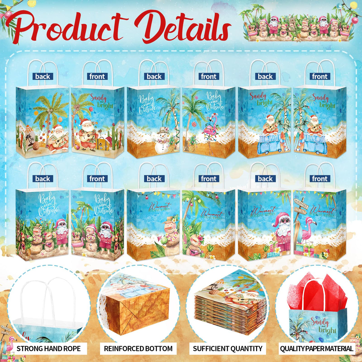 Sinload 36 Sets Summer Christmas Party Gift Bags with Tissue Paper Xmas in July Santa Tropical Goodie Bags with Handle Christmas Treat Tote Hawaiian Flamingo for Beach Pool Birthday Party Decoration