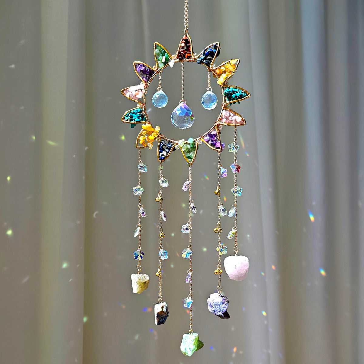 7 Chakra Crystal Sun Catcher Hanging Decor, Rainbow Maker with 3 K9 Crystal Prism Balls & Natural Crystal Stone, Wall and Window Decor Ornament for Home, Bedroom, Balcony, Handmade Gift.