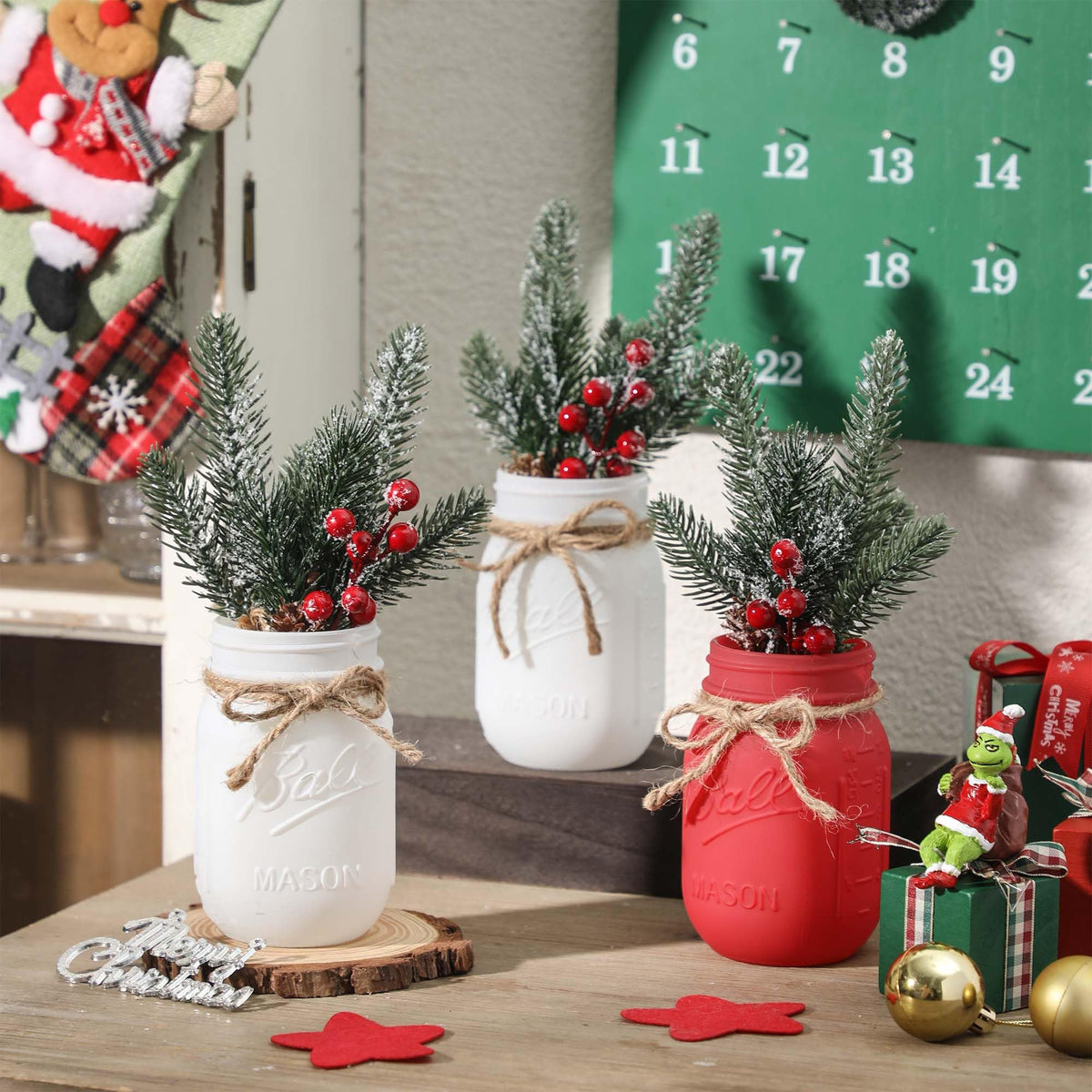 Christmas Mason Jars, Christmas Centerpieces for Tables, Wood Tray & 3 Painted Decorative Jars, Xmas Table Centerpieces Decoration, Farmhouse Dining Table Kitchen Decorations Home Decor