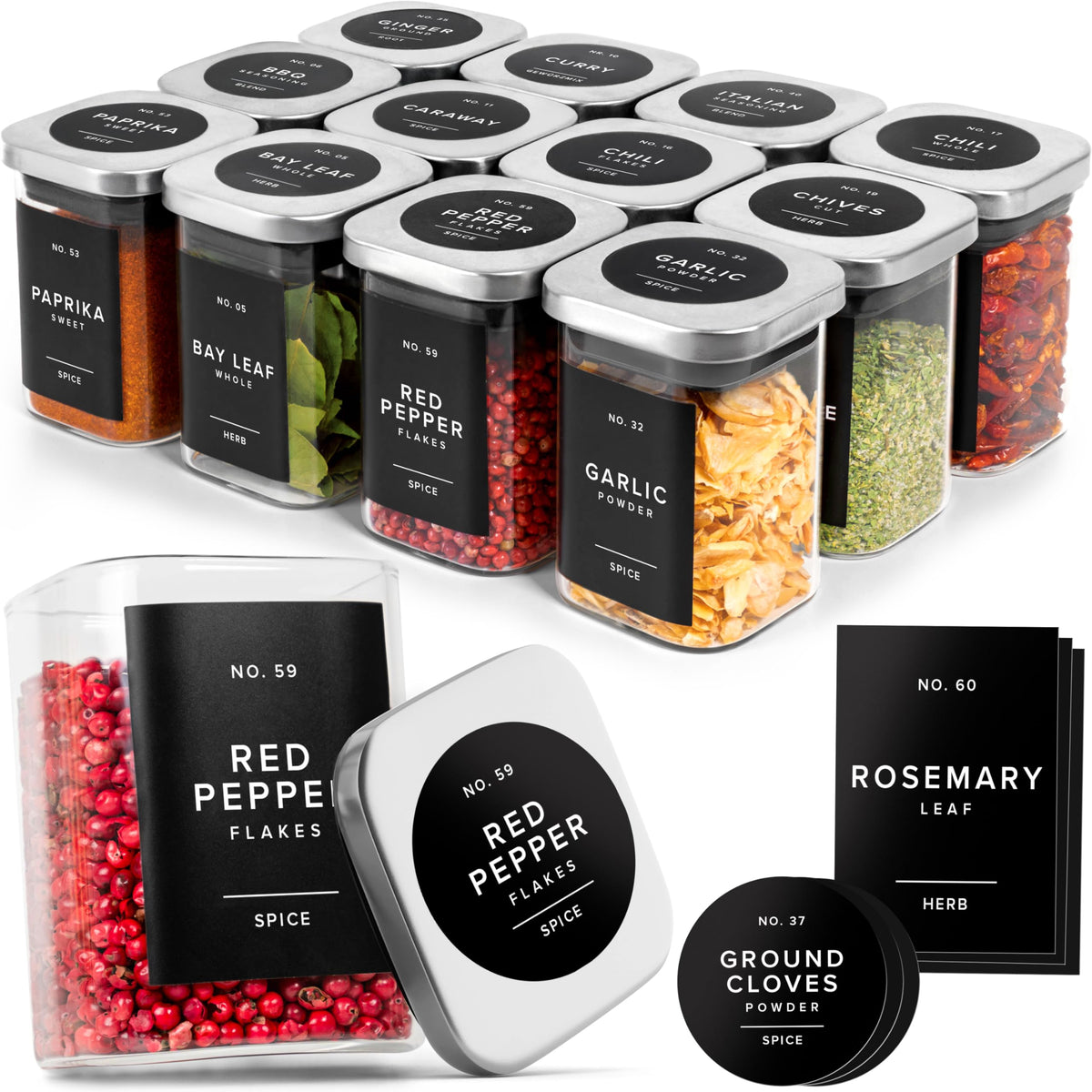 EDELHAUS Glass Spice Jars with Labels and Steel Lids (12 x 6.4oz) Spice Containers with 160 Label, Steel Funnel, Shaker Inserts, Empty Square Seasoning Organizer for Spice Rack, Cabinet, Drawer