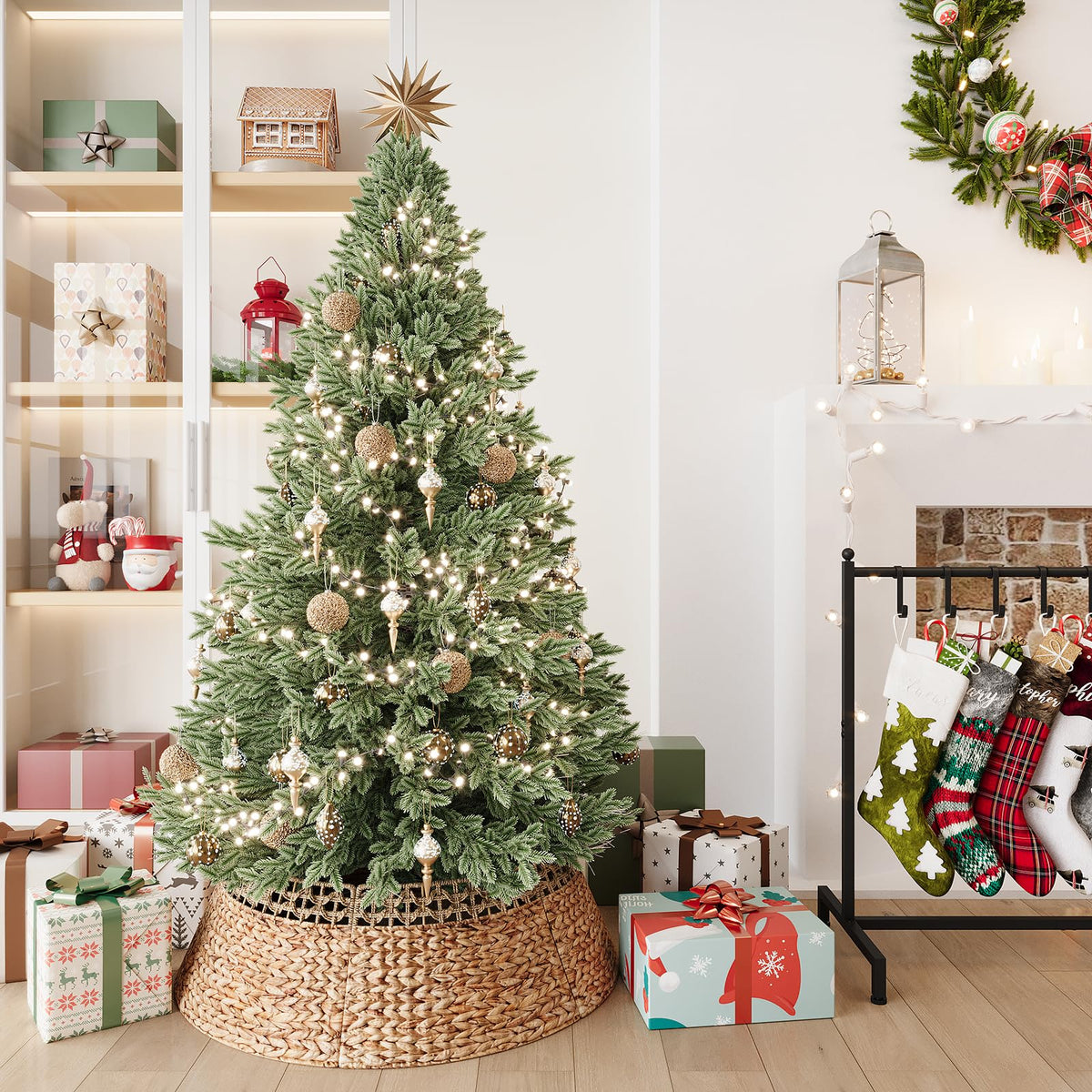 ELYKEN 33 Inch Woven Rattan Christmas Tree Collar, Stylish Seagrass & Water Hyacinth Xmas Tree Skirt for Artificial Trees, Wicker Tree Base Cover with Cord Cut-Out Farmhouse Tree Ring for Home Decor