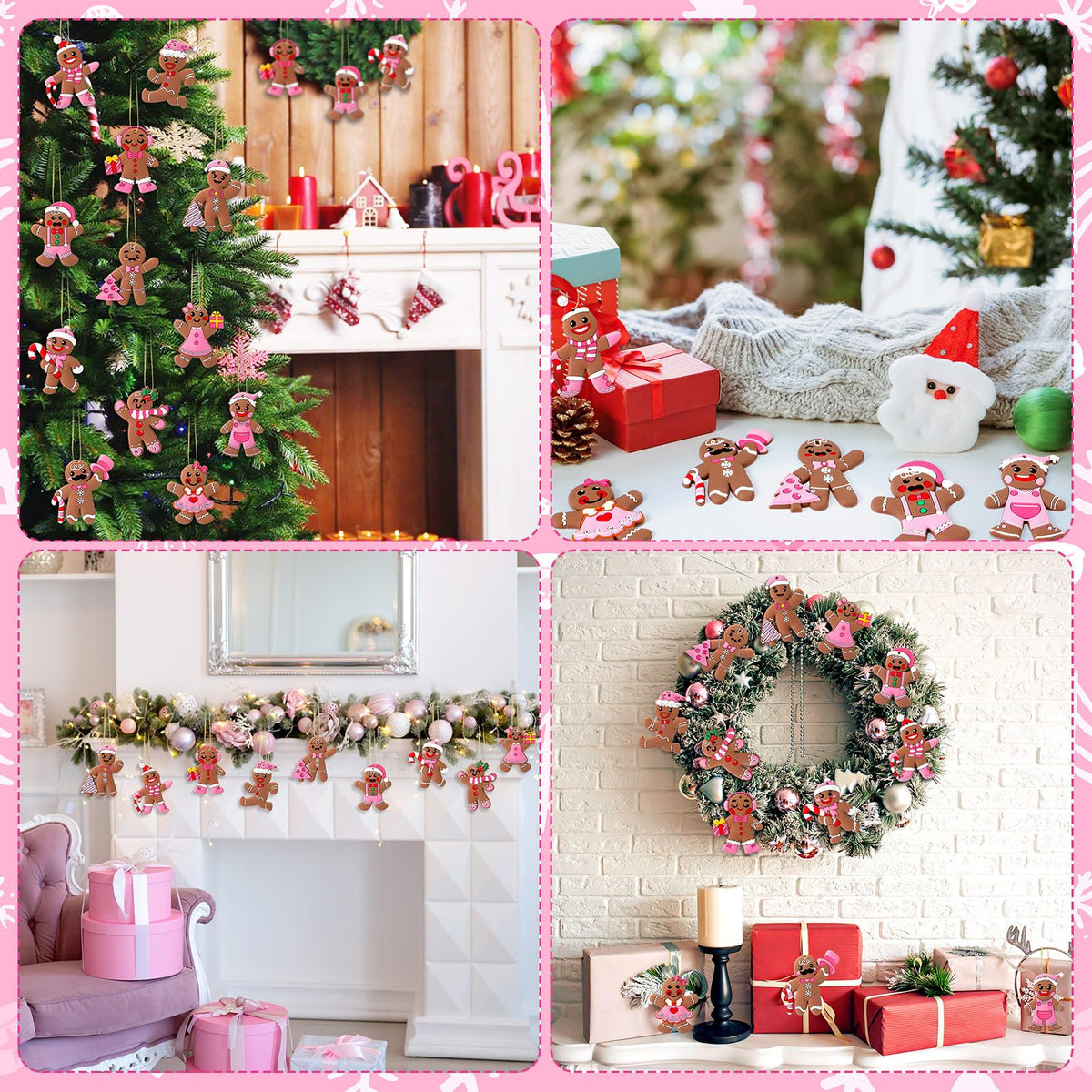 Lunmon 36 Pcs Gingerbread Christmas Ornaments PVC Pastel Pink Gingerbread Man Ornaments Candy Cane Tree Decorations Cute Xmas Hanging Cutout Christmas Decorations for Tree Home Indoor Party (Girly)