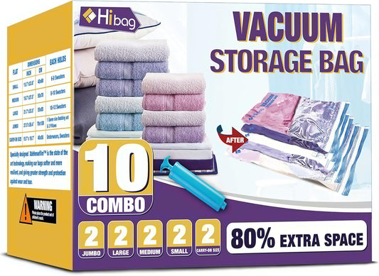 HIBAG Vacuum Storage Bags - 10-Pack Space Saver Bags for Clothing with Pump | 2 Jumbo, 2 Large, 2 Medium, 2 Small